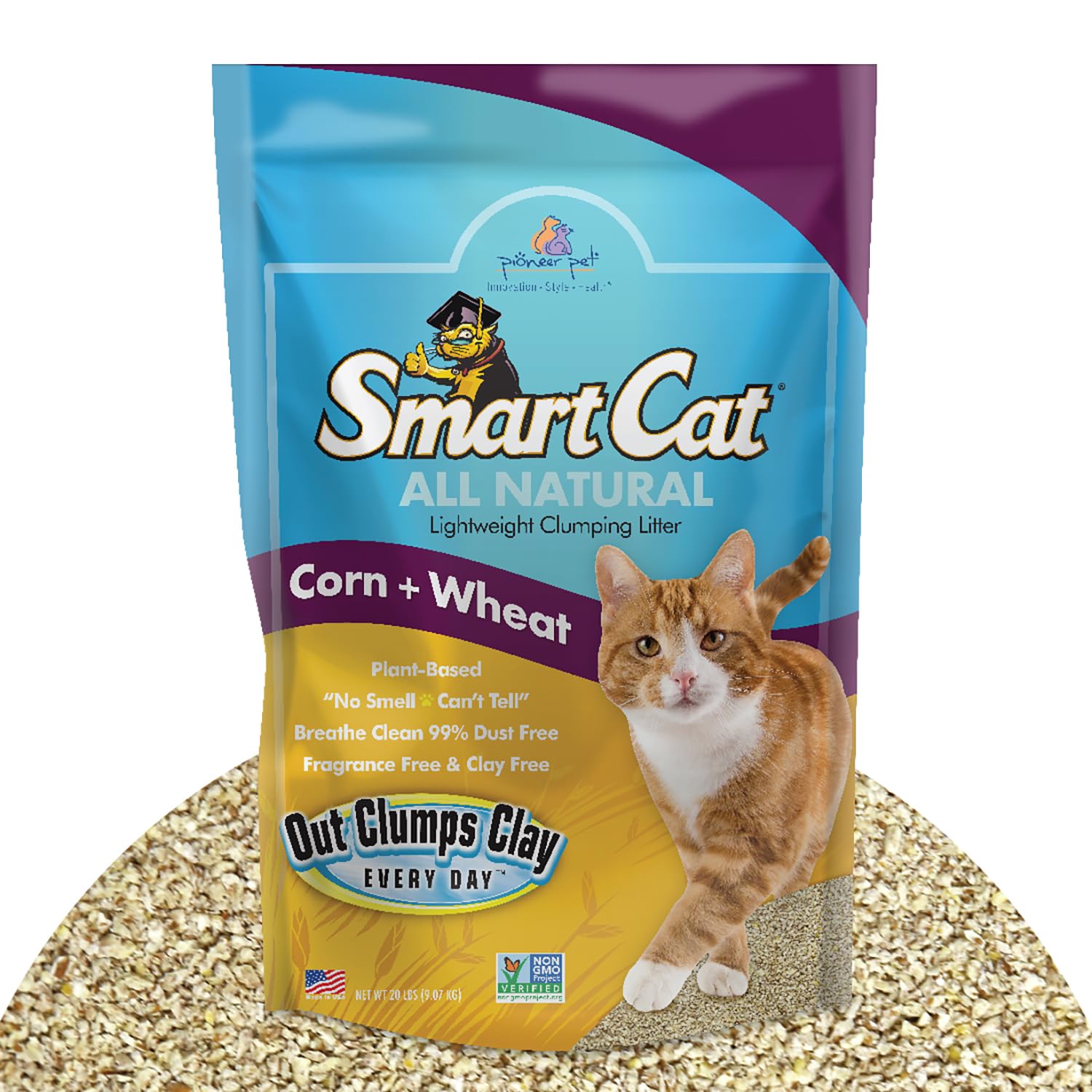 SmartCat All Natural Clumping Corn + Wheat Cat Litter, 20 Pound (320oz - 1 Pack) - Unscented and Clay Free