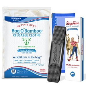 striphair horse bundle 3pc gentle groomer 6-in-1 shed groom massage, bag o' bamboo reusable cloths 2 sizes, storage pouch