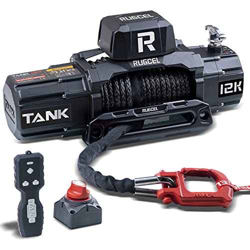 RUGCEL WINCH 12000lb New Waterproof Electric Synthetic Rope Winch 12V with Hawse Fairlead, 2 in 1 Wireless Remote,Black Rope，for Truck SUV