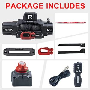 RUGCEL WINCH 12000lb New Waterproof Electric Synthetic Rope Winch 12V with Hawse Fairlead, 2 in 1 Wireless Remote,Black Rope，for Truck SUV