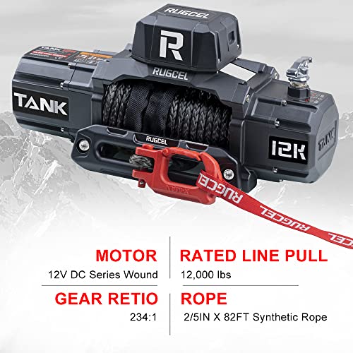 RUGCEL WINCH 12000lb New Waterproof Electric Synthetic Rope Winch 12V with Hawse Fairlead, 2 in 1 Wireless Remote,Black Rope，for Truck SUV