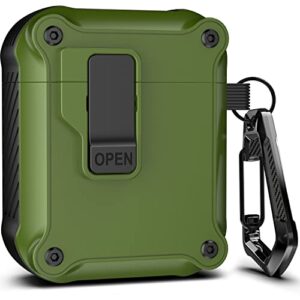 rfunguango airpods 2nd & 1st generation case cover automatic pop-up with secure lock clip, full-body shockproof hard protective cover with keychain - olive green
