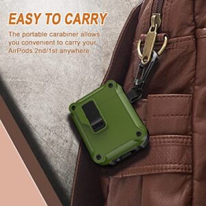 RFUNGUANGO Airpods 2nd & 1st Generation Case Cover Automatic Pop-up with Secure Lock Clip, Full-Body Shockproof Hard Protective Cover with Keychain - Olive Green