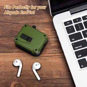 RFUNGUANGO Airpods 2nd & 1st Generation Case Cover Automatic Pop-up with Secure Lock Clip, Full-Body Shockproof Hard Protective Cover with Keychain - Olive Green