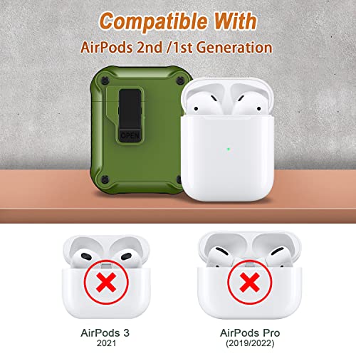 RFUNGUANGO Airpods 2nd & 1st Generation Case Cover Automatic Pop-up with Secure Lock Clip, Full-Body Shockproof Hard Protective Cover with Keychain - Olive Green