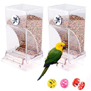 2pcs bird feeder for cage with 3 bird toys, automatic bird feeder, transparent parakeet food seed reducing-waste container parrot foraging feeder for small birds(4inch x 7.5inch x 3.5inch)