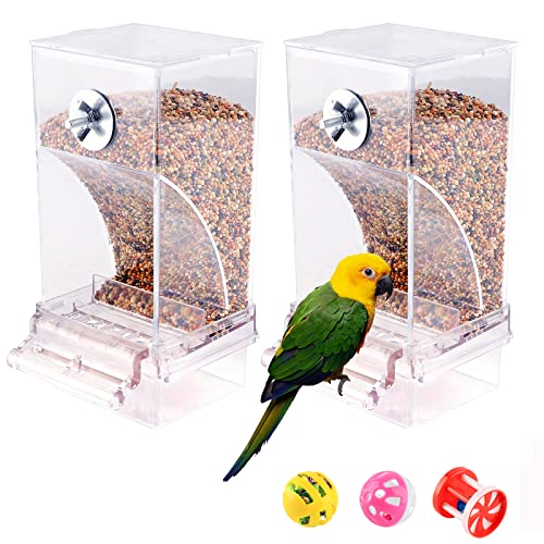 2PCS Bird Feeder for Cage with 3 Bird Toys, Automatic Bird Feeder, Transparent Parakeet Food Seed Reducing-Waste Container Parrot Foraging Feeder for Small Birds(4Inch x 7.5Inch x 3.5Inch)