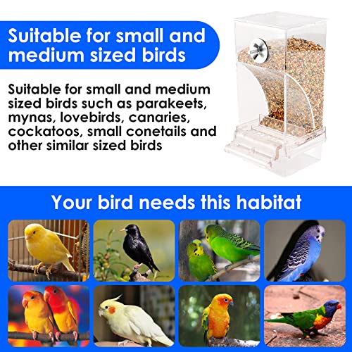 2PCS Bird Feeder for Cage with 3 Bird Toys, Automatic Bird Feeder, Transparent Parakeet Food Seed Reducing-Waste Container Parrot Foraging Feeder for Small Birds(4Inch x 7.5Inch x 3.5Inch)