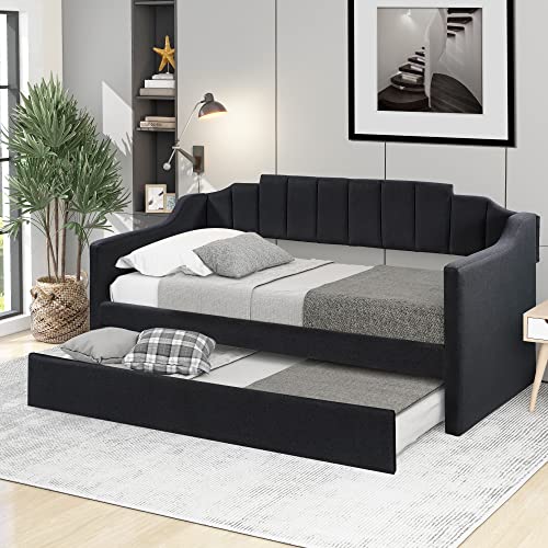 RUNWON Upholstered Twin Size Daybed with Trundle Modern Wood Sofa Bed for for Living Room and Bedroom,No Spring Box Needed, Black