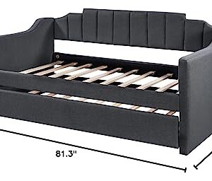 RUNWON Upholstered Twin Size Daybed with Trundle Modern Wood Sofa Bed for for Living Room and Bedroom,No Spring Box Needed, Black
