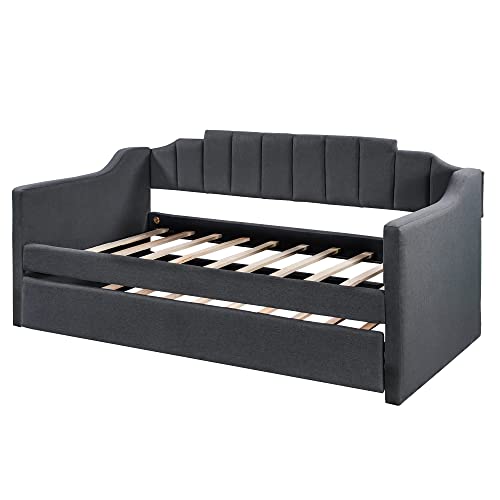 RUNWON Upholstered Twin Size Daybed with Trundle Modern Wood Sofa Bed for for Living Room and Bedroom,No Spring Box Needed, Black