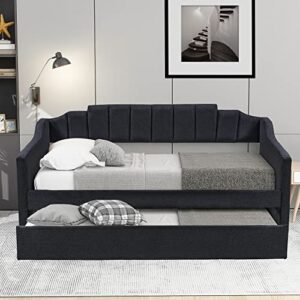 RUNWON Upholstered Twin Size Daybed with Trundle Modern Wood Sofa Bed for for Living Room and Bedroom,No Spring Box Needed, Black