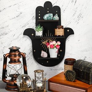 Yulejo Crystal Shelf Display Rustic Wooden Cat Moon Shelves Moth Hamsa Hand Wolf Crystal Holder Shelves Wooden Floating Shelf for Rock Gemstones Meditation Spiritual Gift for Home Bedroom (Hamsa Hand)