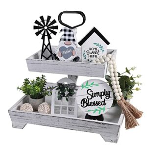 eufrozy 11pcs farmhouse tiered tray decor set, rustic tier tray decorations with black and white buffalo plaid gnome ornaments wooden home sweet home sign for kitchen table decor summer housewarming