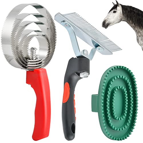 Aemygo 3 Pcs Reversible Stainless Steel Curry Comb 5 Rings, Double Sided Horse Grooming Brush, Scotch Type Metal Dog Brush Large Rubber Hair Remover Comb, Soft Touch Grip Scraper for Cow Sheep Dog