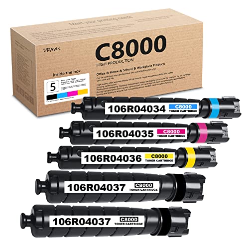 Versalink C8000 Toner Cartridge Set - DRAWN 5 Pack 106R04037 106R04034 106R04035 106R04036 Toner Replacement for Xerox Versalink C8000 Printer (2BK/1C/1M/1Y)