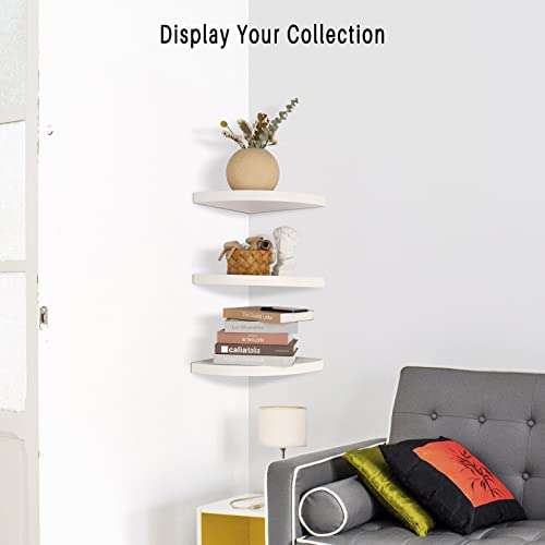 SCUNDA White Corner Shelf, Concealed Bracket Corner Shelf White for Wall, Wooden Floating Corner Shelves for Bedroom, Living Room, Kitchen, Bathroom(3-Pack)