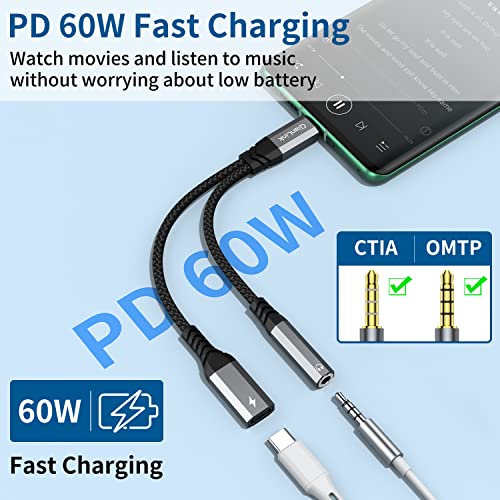 USB C to 3.5mm Headphone and Charger Adapter, 2-in-1 Type C to Aux Jack Cable with PD 60W Fast Charging for iPhone 15 Plus 15 Pro Max, Samsung Galaxy S20 S21 S22 S23, Note 20 10, iPad Pro Air4, Pixel