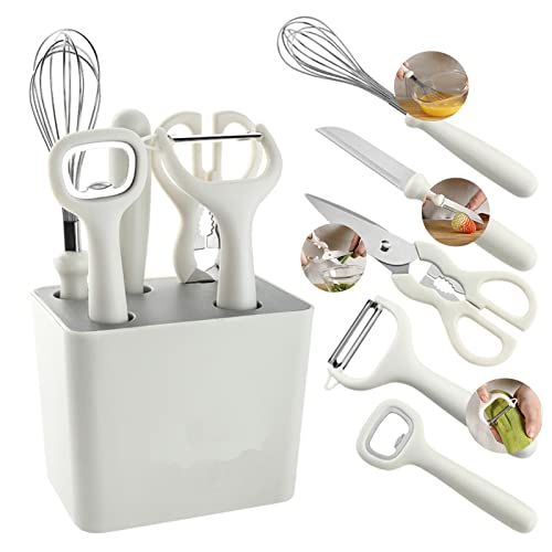 COMUSTER Kitchen Gadgets Set,Kitchen Scissors, Kitchen Utensils Set with Holder, Paring Knife,Whisk,Bottle Opener,Peeler- Home Kitchen Gadgets(White 6 Pieces set)