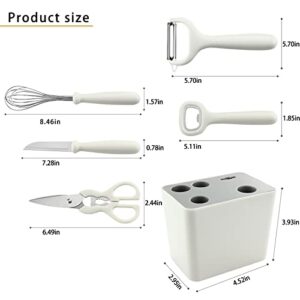 COMUSTER Kitchen Gadgets Set,Kitchen Scissors, Kitchen Utensils Set with Holder, Paring Knife,Whisk,Bottle Opener,Peeler- Home Kitchen Gadgets(White 6 Pieces set)