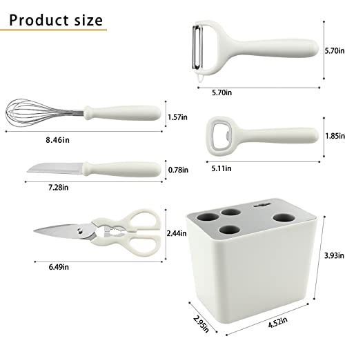 COMUSTER Kitchen Gadgets Set,Kitchen Scissors, Kitchen Utensils Set with Holder, Paring Knife,Whisk,Bottle Opener,Peeler- Home Kitchen Gadgets(White 6 Pieces set)