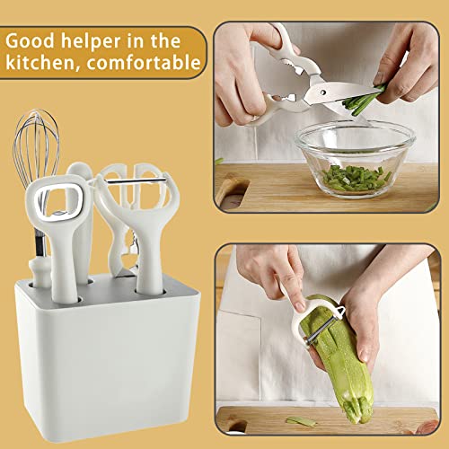 COMUSTER Kitchen Gadgets Set,Kitchen Scissors, Kitchen Utensils Set with Holder, Paring Knife,Whisk,Bottle Opener,Peeler- Home Kitchen Gadgets(White 6 Pieces set)