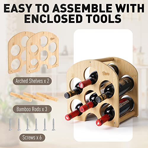 Piopro Countertop Wine Rack, 6 Wine Bottle Holder, Portable Wine Holder Stand, Small Wine Rack, Wooden Wine Storage, Wine Organizer for Cabinet, Table Top