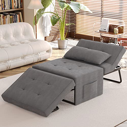 Iroomy Sofa Bed Sleeper Chair with Pillow, Convertible 4 in 1 Multi-Function Adjustable Recline Linen Guest and Folding Multifunctional Ottoman Foldable Bed for Small Spaces (Dark Grey)