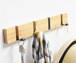uwchuan coat hooks wall mounted, wooden bamboo wall hooks with 4 standard retractable hooks, space-saving hat key hook rack for entryway, hallway, bathroom, living room, bedroom (wooden)