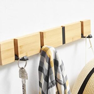 Uwchuan Coat Hooks Wall Mounted, Wooden Bamboo Wall Hooks with 4 Standard Retractable Hooks, Space-Saving Hat Key Hook Rack for Entryway, Hallway, Bathroom, Living Room, Bedroom (Wooden)