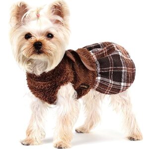 fall dog clothes dog sweater dress for small dogs girl, plaid hem, turtleneck, fluffy female dog clothes winter warm pet clothes fuzzy puppy coat apparel outfit yorkie chihuahua clothes, xs, brown