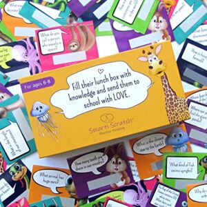 smarti scratch 50 lunch box trivia notes for kids, with qr code that will take them to expended answer & inspirational and motivational thinking of you notes cards for boys & girls ages 6-8