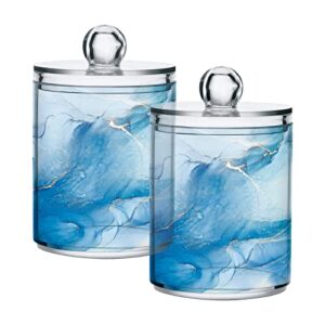 ALAZA 2 Pack Qtip Holder Dispenser Teal Turquoise Marble Bathroom Organizer Canisters for Cotton Balls/Swabs/Pads/Floss,Blue Marble Plastic Apothecary Jars for Vanity