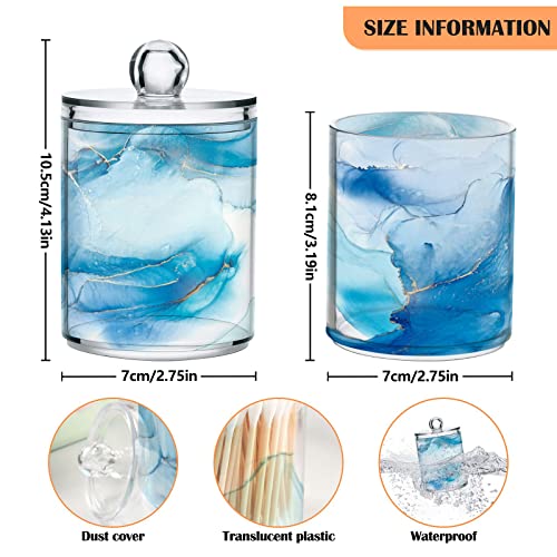 ALAZA 2 Pack Qtip Holder Dispenser Teal Turquoise Marble Bathroom Organizer Canisters for Cotton Balls/Swabs/Pads/Floss,Blue Marble Plastic Apothecary Jars for Vanity