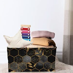 Marble Cube Storage Organizer Bins with Handles,15x11x9.5 Inch Collapsible Canvas Cloth Fabric Storage Basket,Black Gold Grey Grid Irregular Comb Plaid Geometric Books Kids' Toys Bin Boxes for Shelves