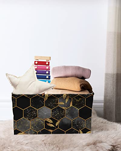 Marble Cube Storage Organizer Bins with Handles,15x11x9.5 Inch Collapsible Canvas Cloth Fabric Storage Basket,Black Gold Grey Grid Irregular Comb Plaid Geometric Books Kids' Toys Bin Boxes for Shelves