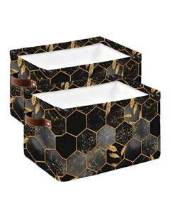 marble cube storage organizer bins with handles,15x11x9.5 inch collapsible canvas cloth fabric storage basket,black gold grey grid irregular comb plaid geometric books kids' toys bin boxes for shelves