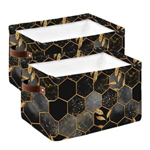 Marble Cube Storage Organizer Bins with Handles,15x11x9.5 Inch Collapsible Canvas Cloth Fabric Storage Basket,Black Gold Grey Grid Irregular Comb Plaid Geometric Books Kids' Toys Bin Boxes for Shelves