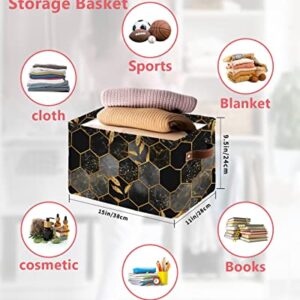 Marble Cube Storage Organizer Bins with Handles,15x11x9.5 Inch Collapsible Canvas Cloth Fabric Storage Basket,Black Gold Grey Grid Irregular Comb Plaid Geometric Books Kids' Toys Bin Boxes for Shelves