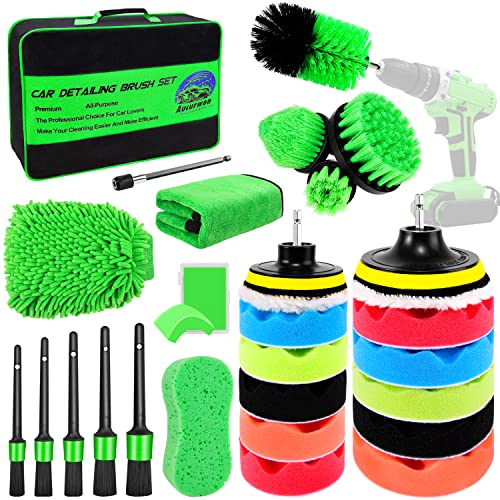 Aucurwen 29Pcs Car Detailing Brush Set, Car Detailing Kit, Auto Detailing Drill Brush Set, Car Polishing & Buffing Pads Kit, Car Cleaning Wash Kit for Interior, Exterior, Wheels, Carpet, Bathroom