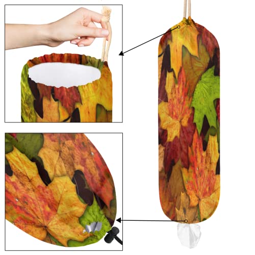 Plastic Bag Holder Autumn Maple Leaves Pattern Grocery Bag Organizer Hanging Kitchen Plastic Bag Storage/Garbage Shopping Bag Trash Bags Dispenser for Farmhouse Kitchen Home Decor