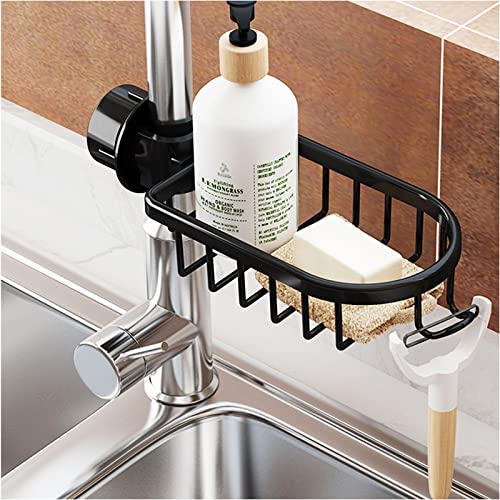 DBlosp Sponge Holder Faucet Kitchen Sink Organizer,Sink Sponge Holder,Aluminium Detachable Storage Rack for Kitchen Sinks and Bathroom Organization(Black)