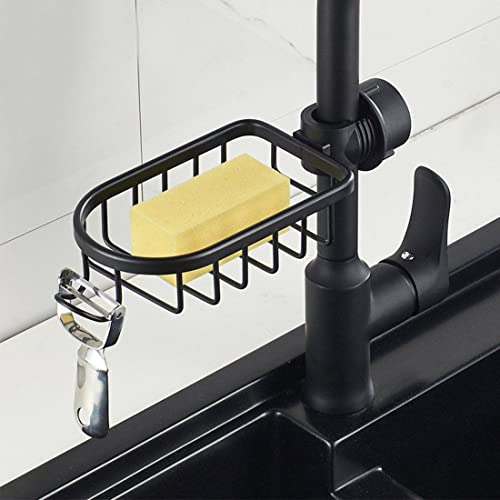 DBlosp Sponge Holder Faucet Kitchen Sink Organizer,Sink Sponge Holder,Aluminium Detachable Storage Rack for Kitchen Sinks and Bathroom Organization(Black)