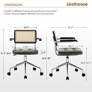 Zesthouse Modern Home Office Chair Leather Desk Chair with Rattan Back, Vanity Chair for Girls Women, Upholstered Tufted Swivel Armchair for Bedroom Living Room,Height Adjustable Computer Task Chair