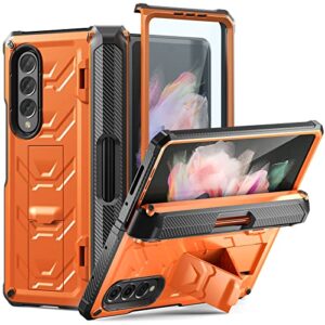 fonrest rugged case armor for samsung-galaxy-z-fold-3 w/built-in [kickstand] [s pen holder] [screen protector] [hinge protection], heavy duty shockproof protective cover not fit z fold4/2 (orange)