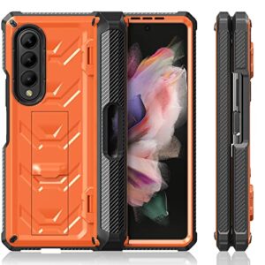 FONREST Rugged Case Armor for Samsung-Galaxy-Z-Fold-3 w/Built-in [Kickstand] [S Pen Holder] [Screen Protector] [Hinge Protection], Heavy Duty Shockproof Protective Cover NOT FIT Z Fold4/2 (Orange)