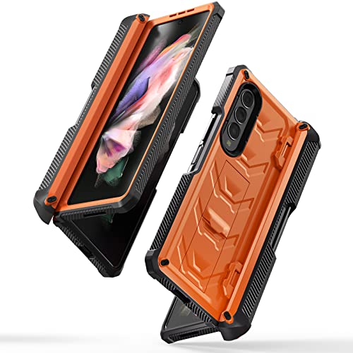 FONREST Rugged Case Armor for Samsung-Galaxy-Z-Fold-3 w/Built-in [Kickstand] [S Pen Holder] [Screen Protector] [Hinge Protection], Heavy Duty Shockproof Protective Cover NOT FIT Z Fold4/2 (Orange)