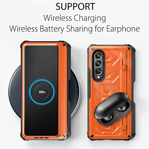 FONREST Rugged Case Armor for Samsung-Galaxy-Z-Fold-3 w/Built-in [Kickstand] [S Pen Holder] [Screen Protector] [Hinge Protection], Heavy Duty Shockproof Protective Cover NOT FIT Z Fold4/2 (Orange)