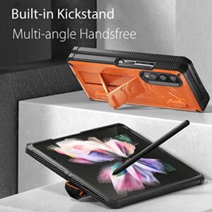 FONREST Rugged Case Armor for Samsung-Galaxy-Z-Fold-3 w/Built-in [Kickstand] [S Pen Holder] [Screen Protector] [Hinge Protection], Heavy Duty Shockproof Protective Cover NOT FIT Z Fold4/2 (Orange)