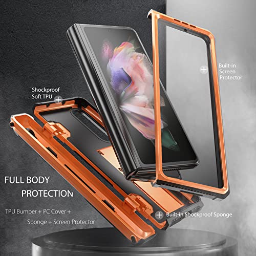 FONREST Rugged Case Armor for Samsung-Galaxy-Z-Fold-3 w/Built-in [Kickstand] [S Pen Holder] [Screen Protector] [Hinge Protection], Heavy Duty Shockproof Protective Cover NOT FIT Z Fold4/2 (Orange)